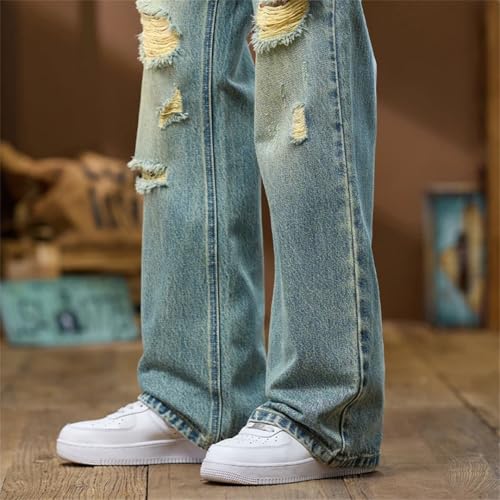 Men High Street Flared Denim Pants Loose Boot Cut Vintage Hollow Out Motocycle Distressed Jeans3