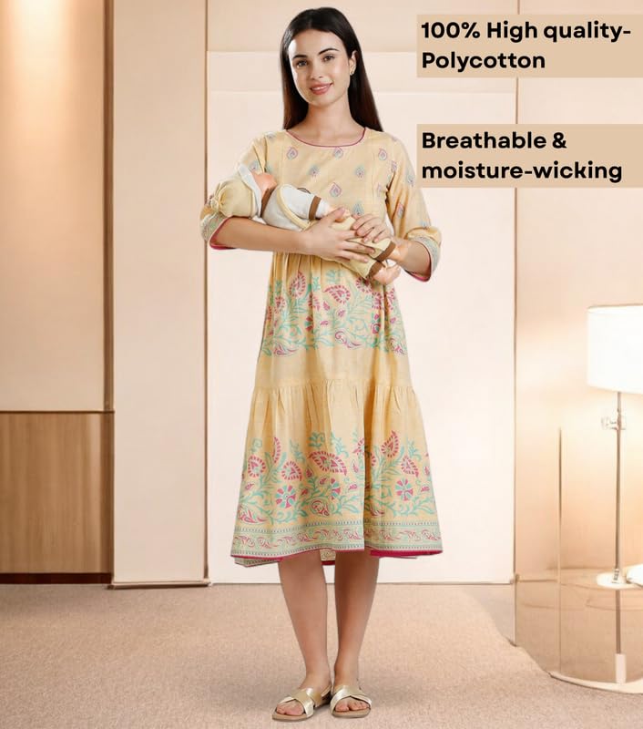 Image of DUMMY SHAPE Maternity Dresses for Women Cotton | Rayon Printed Feeding Anarkali Kurta with Dual Nursing Zipper Access During Pre & Post Pregnancy | Baby Shower Gifts for Mom to Be