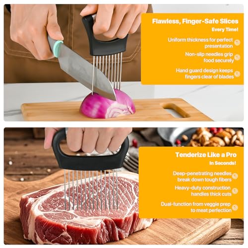 【2 PCS】Onion Holder for Slicing - Stainless Steel Vegetable & Fruit Cutter Chopper for Onions, Tomatoes, Avocados, Potatoes, Eggs, Meat & Lemon - Kitchen Slicer Assistant with Neat Guide & Tenderizer.