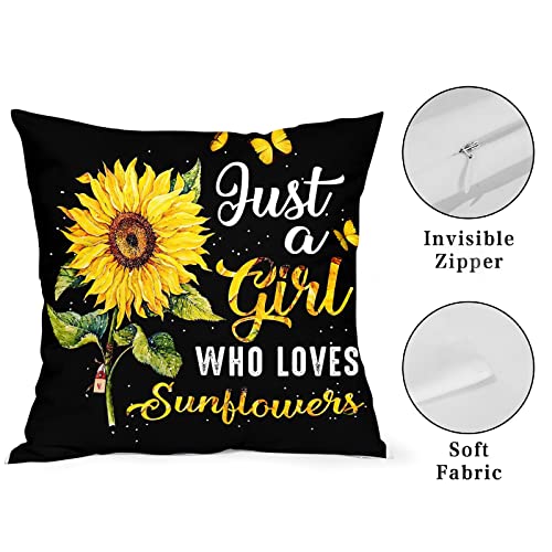 Sunflower Pillow Covers 18X18 In Just A Girl Love Sunflowers Sunshine Butterfly Black Yellow Throw Pillow Case Decorative Couch Pillows With Zipper Set Of 2 Sunflower Gift For Girlfriend Wife Sister #TOP4