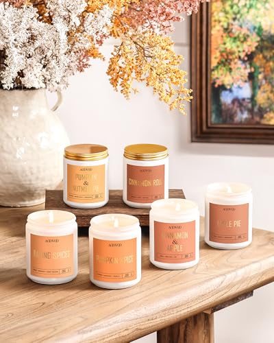 AOOVOO Scented Candles Set - 6 Pack Fall Candles for Home Scented, 42 oz Soy Wax, Apple Pie/Cinnamon Roll/Cinnamon Apple/Pumpkin Nutmeg Pie/Pumpkin Spice/Baking Spice
