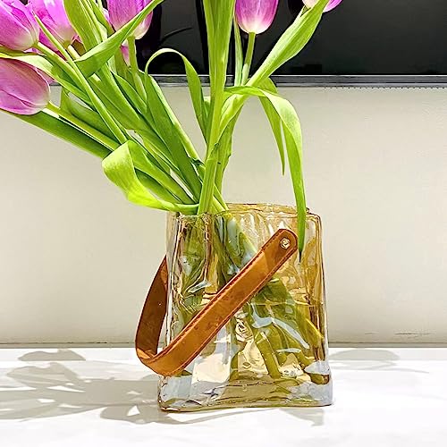 Glass Handbag Vase, Clear Bag Vase With Leather Handle, Glass Purse Vase For Flowers, Great For Floral Arrangement, Centerpiece, Home And Office Decor (Small) #TOP4