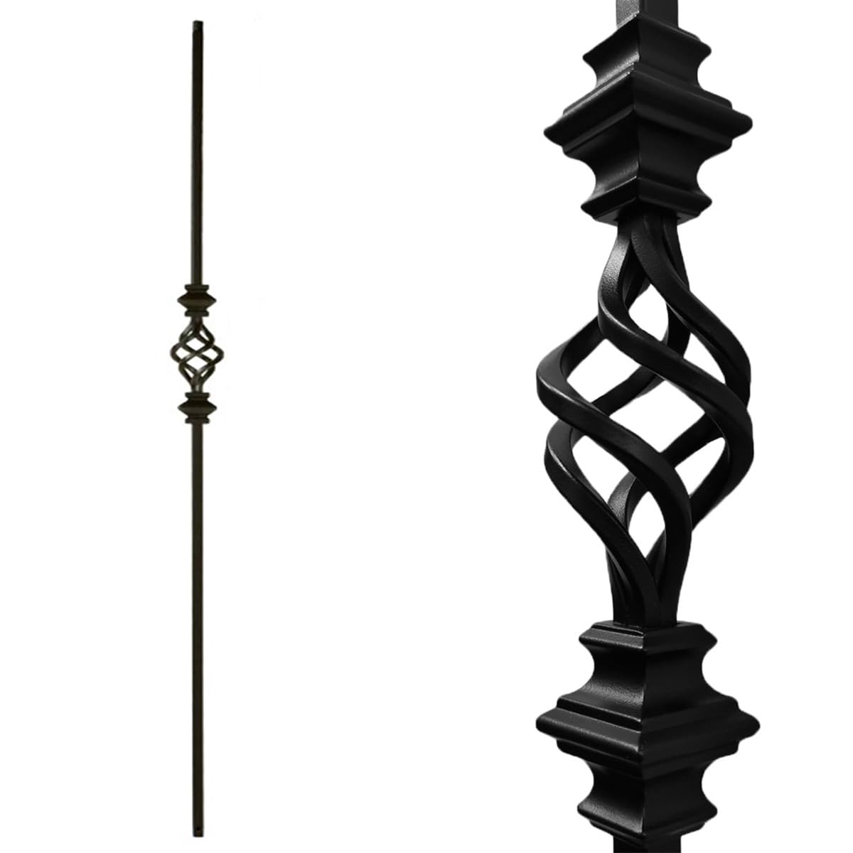 Stair Railing Metal Spindles (Contractor Pack of 10) Hollow Single Basket with Two Knuckles Iron Baluster - Real Satin Black not Matte Metal Spindles 1/2" x 44" Tall