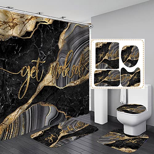 Jayden Madge 4Pcs Grey Black Marble Shower Curtain Set, Luxury Gold Glitter Funny Quotes Crack Marble Texture Glam Modern Bathroom Decor, Waterproof Fabric Shower Curtain, Non-Slip Bath Mat, Get Naked #TOP19