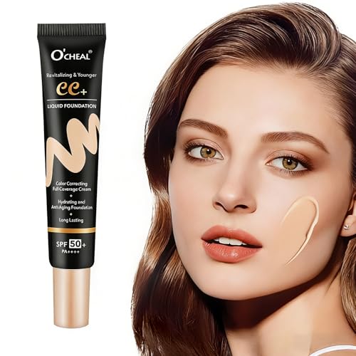 O'CHEAL CC Cream with SPF 50+, Hydrating Color Correcting Cream Full Coverage Lightweight Powder Foundation, Waterproof Long Lasting Pre-makeup Primer Facial Concealer Refine Skin Texture (Natural)