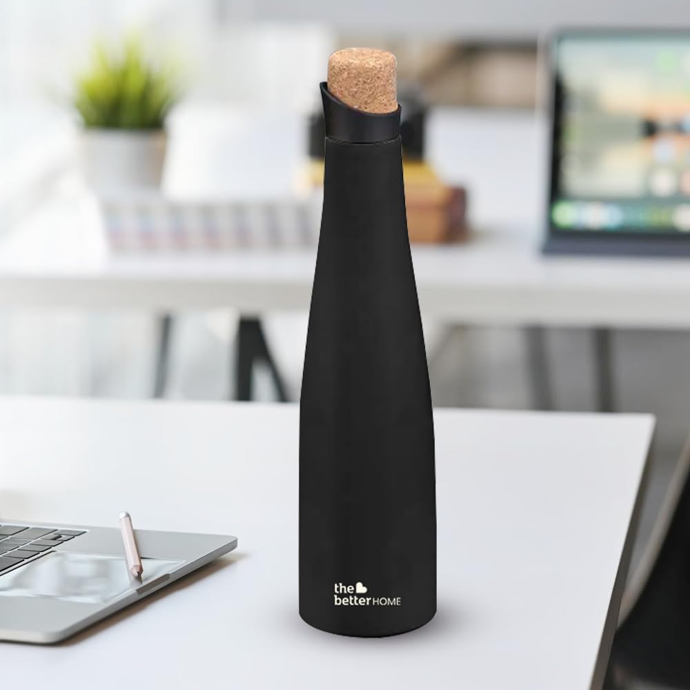 The Better Home 750ml Insulated Stainless Steel Water Bottle with Cork Cap | Insulation Upto 8 Hrs | Hot and Cold Water for Office School Gym | Airtight Leak Proof BPA Free (Black Solid) (B0CKKX9DTM) Amazon Price History, Amazon Price Tracker