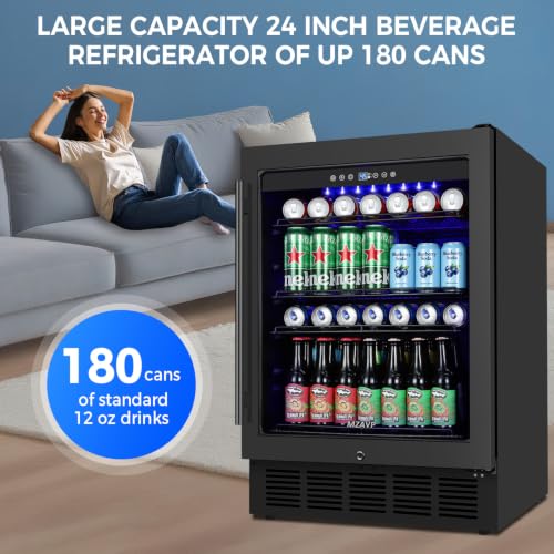 Image of 24 Inch Beverage Refrigerator Under Counter, Drink Fridge 180 Cans Large Capacity with Glass Door, 38dB Whisper Quiet Beverage Cooler Built-in for Home Bar Office, Memory Function for Beer Soda, Black
