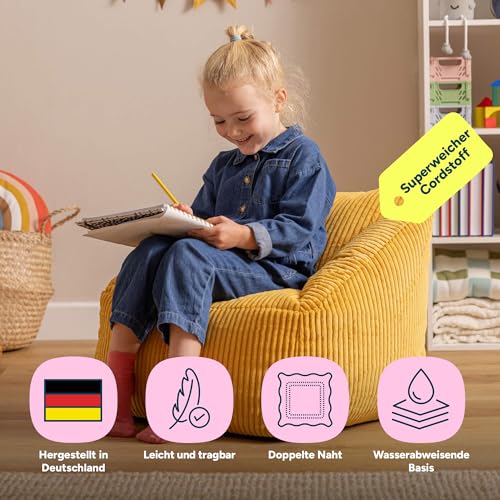 Icon Natalia Sitzsack Kinder, Gelb, Flauschiger Cord Stoff, Sitzsack Cord mit Füllung, Bequemer...