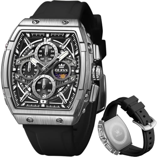 Image of OLEVS Men Watches Business Dress Chronograph Big Square Quartz Analog Male Watch Silicone Strap Waterproof Date Gift Mens Wrsit Watch Silver