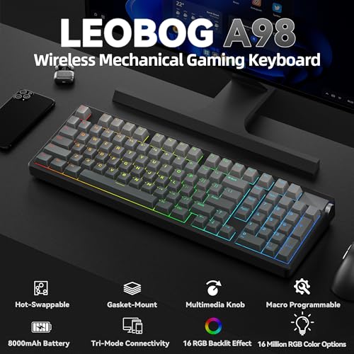 Image of LEOBOG A98 Wireless Mechanical Keyboard, Tri-Mode BT5.0 /2.4GHz /USB-C, Creamy Keyboard with Number Pad, Gasket Structure Hot Swappable, PBT Keycaps, RGB Backlit Black Gaming Keyboard with Knob for PC