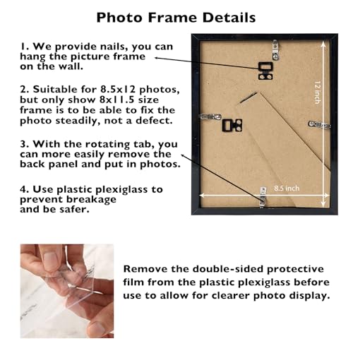 Image of JCJMY 8.5x12 Picture Frame Black for Wall Hanging or Tabletop, Wall Mounting Horizontally or Vertically, 8.5 x 12 Wall Gallery Poster Photo Frame with Shatter Resistant Plexiglass, Black