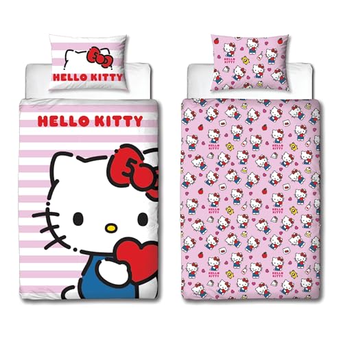Character World Hello Kitty, set copripiumino singolo con licenza ufficiale Hello Design, reversibile, 2 lati, con...