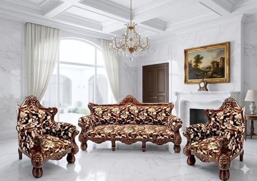 Image of Wooden 5 Seater Sofa Set, Solid Wood Sofa | 3+1+1 with Cushion Seating | Traditional Design Furniture for Living Room, Home, Office, Bedroom