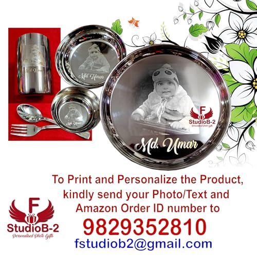 Image of Customised /Laser Photo Print Stainless Steel Round Lunch & Dinner Set for Kids Dinner Plate (6 Piece Set) (9 inch [ 6 pic])