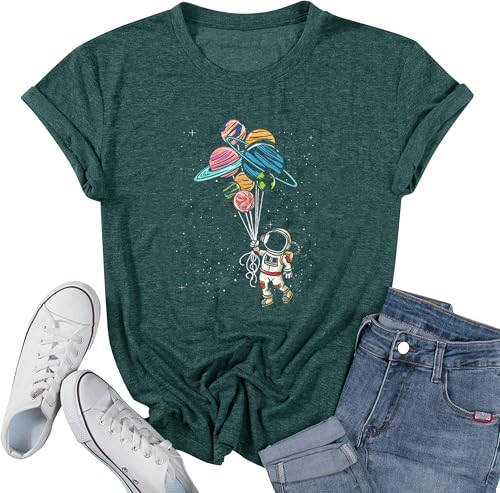 Space Shirts for Women NASA Shirt Moon Graphic Tees Astronaut Print T Shirt Space Fan Gift Shirt Short Sleeve Tee Tops (Large, Green1)