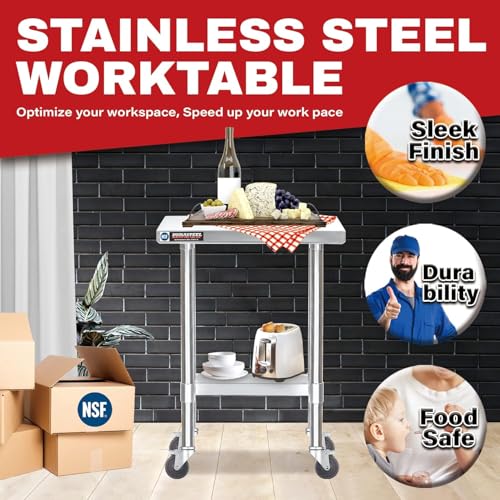 Image of DuraSteel 24x12 NSF Stainless Steel Cart Work Table - Heavy Duty Rolling Food Prep Table - Metal Utility Cart on Wheels Caster, Grill Stand Microwave Outdoor Kitchen Tables Countertop Island Top Vevor