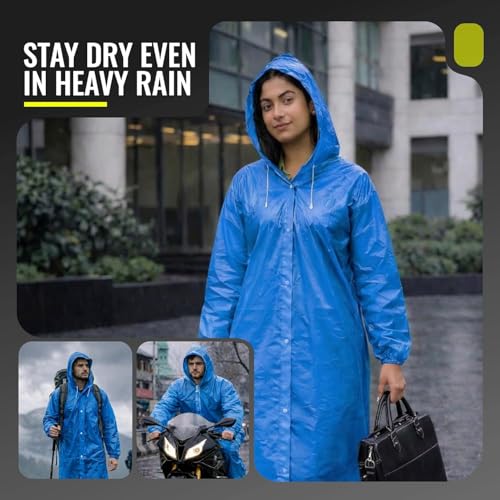 Image of Robustt EVA Reusable Raincoat with Hood (Dark Blue) - Pack of 10 | Elasticated Full Sleeves Outdoor Waterproof Raincoat for Men & Women | Rainwear | Button Closure | Knee Length | Universal Fit