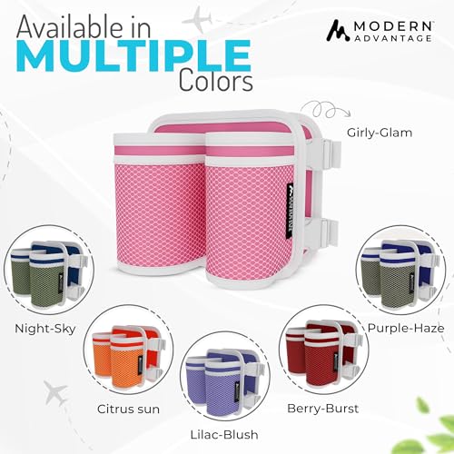 Image of Luggage Cup Holder Suitcase Attachment: Universal Drink and Bottle Caddy for Portable Convenience - Airplane Carry-On Travel Accessories - Reusable Drink Carrier with Pockets (Pink)