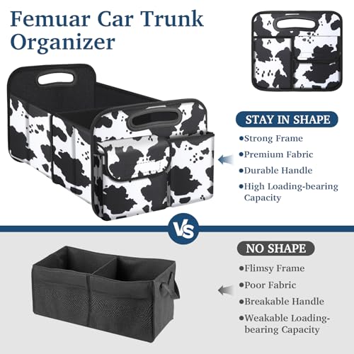 Image of Femuar Car Trunk Organizer, Cow Print, Vintage Style, 52L Capacity, 4 Compartments, Waterproof, Non-Slip, Collapsible, 22.5 inchD x 18 inchW x 10.8 inchH