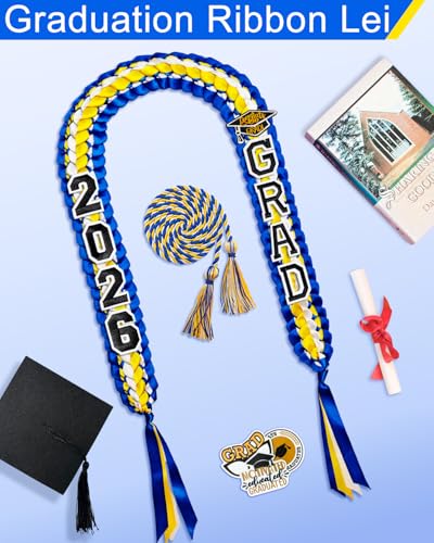 Image of Yigney Graduation Lei Set Class of 2026 Grad Ribbon Leis with Honor Cord Double Braided Graduate Leis for Men Women (1, Blue Gold White)