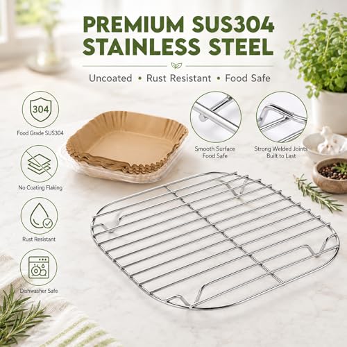 Image of Uniflasy Crisper Rack for Ninja Crispi Air Fryer Accessories FN101ST and Crispi Pro AS101CY, 6QT 4QT 2.5QT 6-Cup Glass Containers SUS304 Stainless Steel Grill Rack with 100pcs Parchment Liners