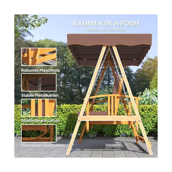 Outsunny Hollywoodschaukel Holz mit Liegefunktion Braun