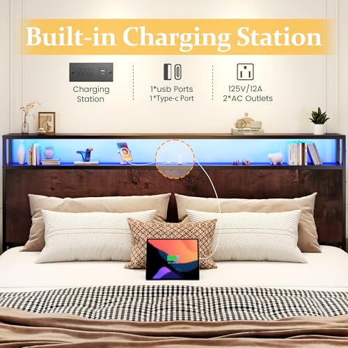 Image of Lifezone King Bed Frame with 2-Tier Storage Headboard, Metal Platform Bed Frame with 4 Storage Drawers, Built in Charging Station & LED, Noise-Free /Metal Support /No Box Spring Needed, Coffee Brown