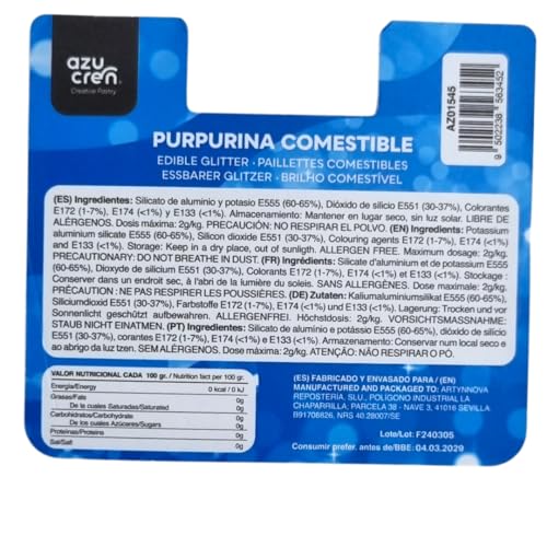 Azucren, Essbarer Glitter Blau AZUSHINE, Tortendekoration, Glitter für Getränke, Ideal zum Verzieren von Torten, Fondant, Buttercreme und Getränken, 5 Gramm