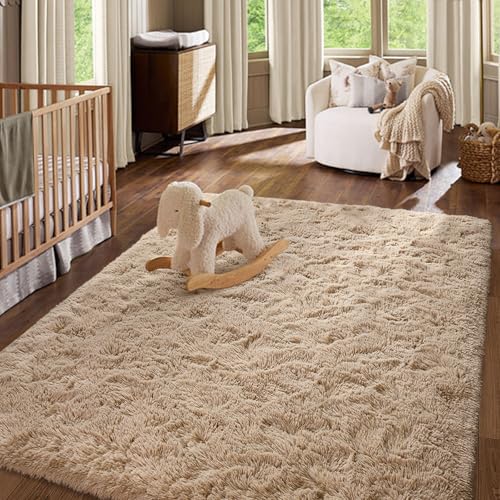 Bedroom Rugs Fluffy Neutral 4x6 Beige Area Rug, Modern Plush Non-Slip Soft Living Room Shag Carpet for Book Room Office,Coffee Stain Resistant