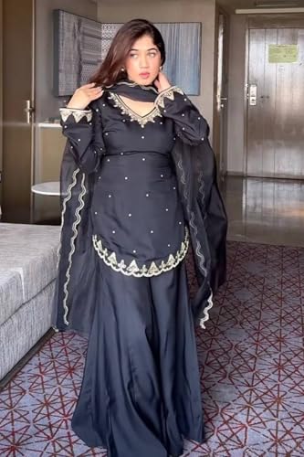 Image of IYALAFAB WOMEN'S Heavy Natural Crep Silk Stitched Ethnic Salwar Kameez - Long Kurti with Embroidered Sleeves, Party & Festival Wear (SF251-ve115 Black1 XXL)