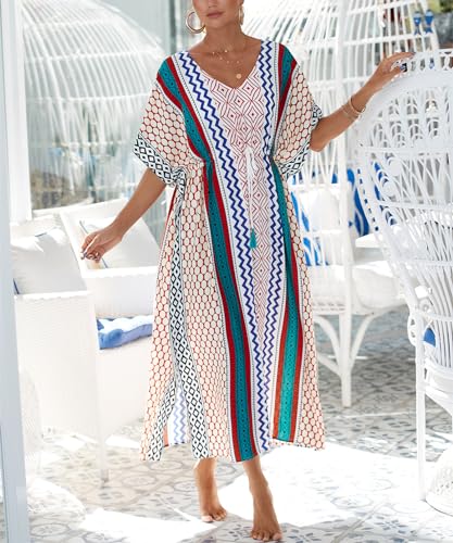 Caftan Dresses for Women Geometric Print Beach Dress V Neck Cover Up Kaftan Waist Drawstring Loungewear4