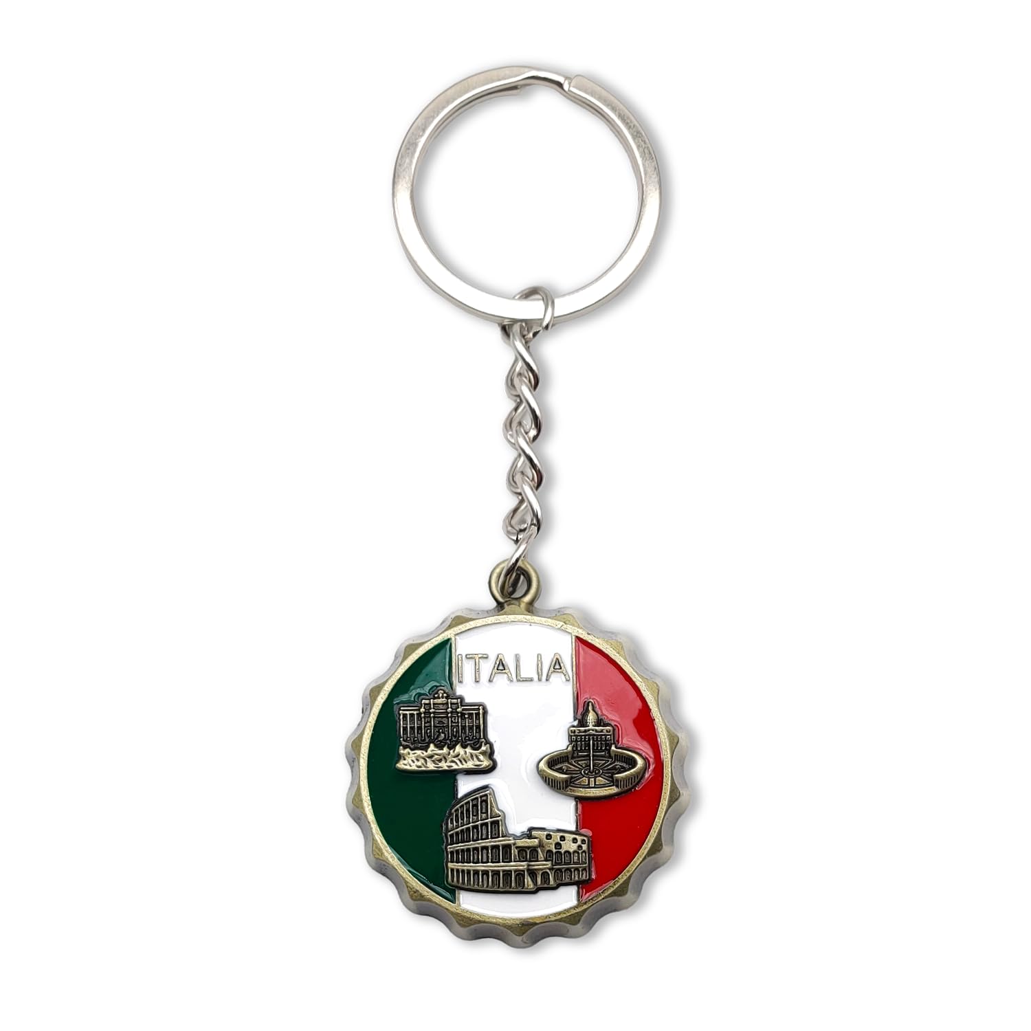 Multifunctional Keyring with Corkscrew – Icons of Rome (Colosseum, Trevi Fountain, Saint Peter) on Italian Flag Background (BRONZE)