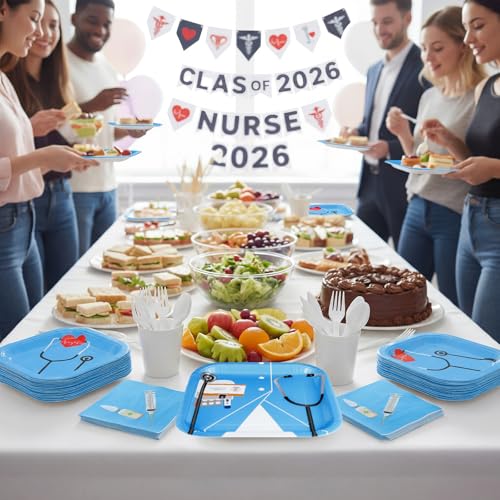 Maxcheck 200 Pcs Nurse Cna Week Supplies Nurse Graduation Party Paper Plates and Napkins 2026 Doctors Medicial Disposable Dinnerware for 50 Guest Cna Week Doctors Grad Medicial Party Dinner(Sky Blue) by Maxcheck - Used condition - Image 6
