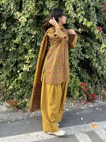 Image of ANNI Designer Farshi Salwar Suit for Women Cotton Printed | Kurta Dupatta Set for Woman | Straight Palazzo Outfit Round Neck V-Slit Long Sleeve Ethnic Dress Stylish Womens Clothing