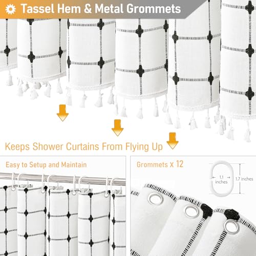 Image of BTTN Extra Long Shower Curtain - 72x96 Inch Long Boho Chic Linen Fabric Heavy Duty Shower Curtain Set with Hooks, Bohemian Farmhouse Shabby Chic Tassel Shower Curtains for Bathroom - White and Black
