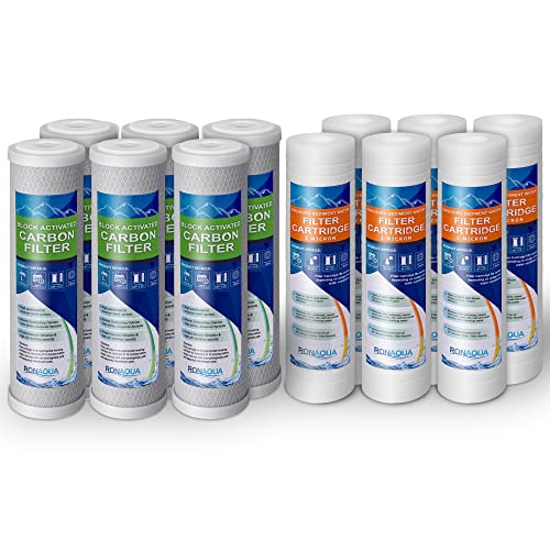 6 Pack Block Activated Carbon Coconut Shell Filters, Removes Sand, Dirt, Silt, Rust, Chlorine, Taste & 6 Pack Grooved 1 Micron Sediment Water Filter Cartridges 10"X2.5", Removes Sand, Dirt, Silt, Rust #TOP16