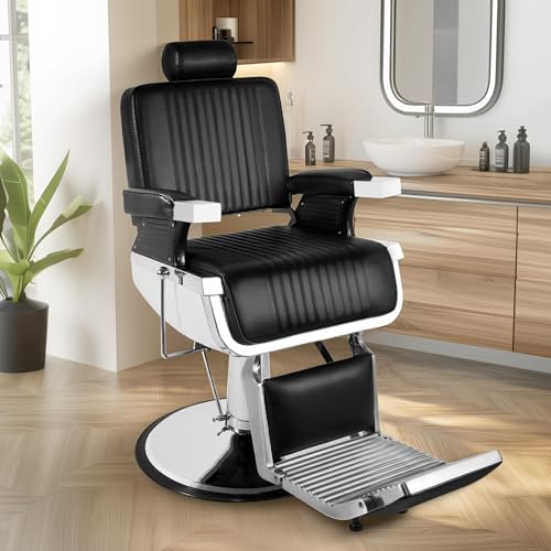 KIIUMI Barber Chair, Black Heavy Duty Reclining Hydraulic Salon Chair for Hair Stylist with Footrest and Headrest, Adjustable 360° Swivel All Purpose Chair Spa Beauty Equipment for Barbershop