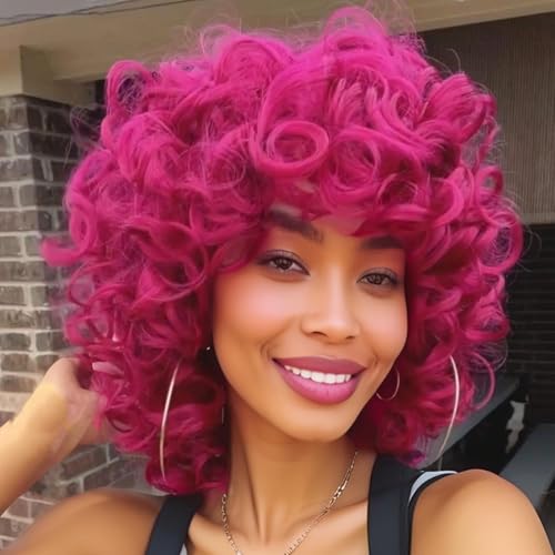 Hot Pink Curly Wigs for Black Women Short Curly Wig with Bangs Soft Loose Wigs for Women Synthetic Glueless Hair for Daily (Hot Pink)