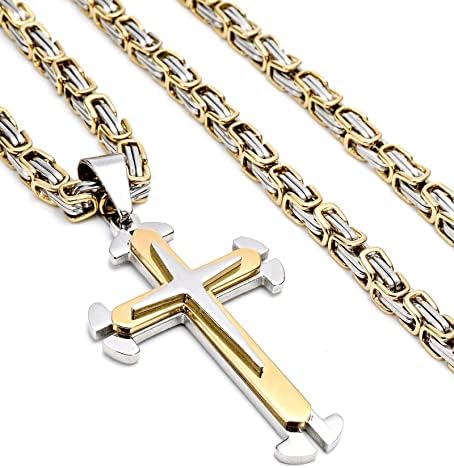 KALVICA Cross Necklace for Men 316L Stainless Steel Cross Pendant Necklace with Byzantine Chain 22 inches