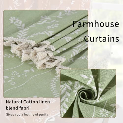Image of Schweek Boho Curtains 63 Inches Length 2 Panels for Living Room Sage Green | Linen Semi Sheer, Vintage Floral Bohemian Tassel Western Farmhouse Curtain Drapes for Bedroom, Dining Room, Kitchen 52 inchx 63 inch