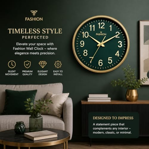 Image of Elica Fashion Round Wall Clock, Green & Gold, Roman Numerals, Decorative Home Decor for Living Room (Gold-FF)
