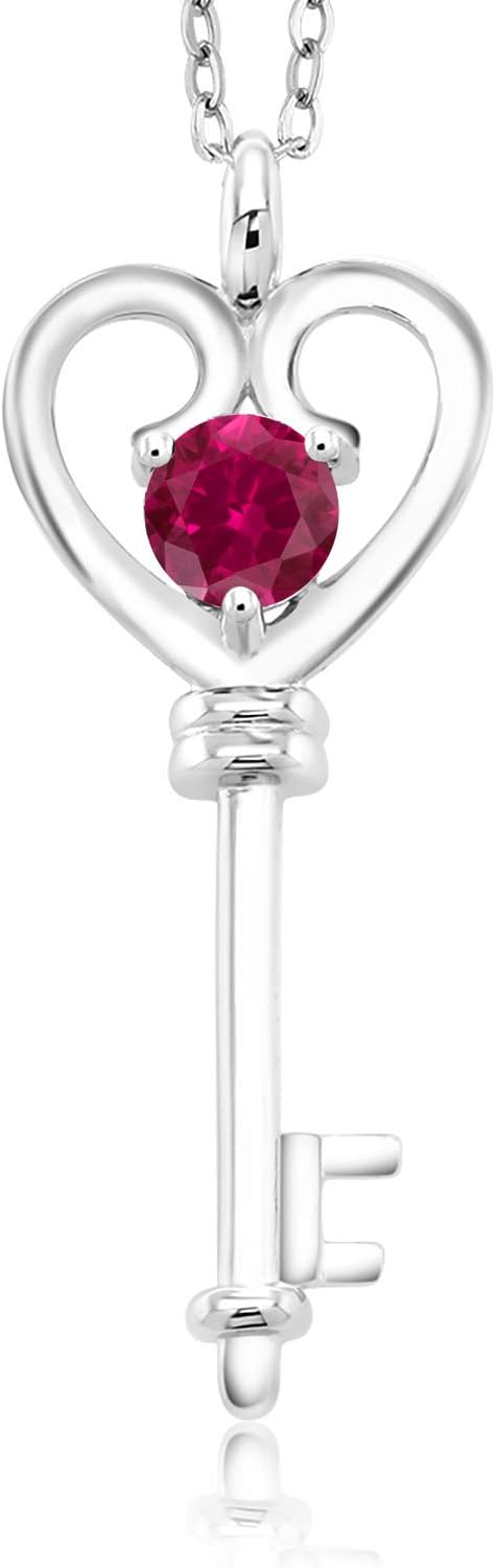 Gem Stone King 925 Sterling Silver Red Created Ruby Heart Key Pendant Necklace For Women (0.60 Cttw, Round 5MM, With 18 Inch Silver Chain)