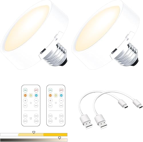 Paquete de 2 bombillas que funcionan con pilas recargable por USB luz LED de disco con control remoto luz regulable inalámbrica E26 para apliques de