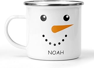Personalised Christmas Mug, Custom Festive Snowman Face Design with Name, Hot Chocolate Enamel Mug, Christmas Eve Box Fillers, Gifts For Kids