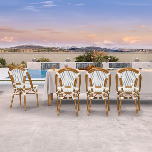 Image of PURPLE LEAF Outdoor Dining Chair Set of 4 Patio French Aluminium Frame in Bamboo Finish with White & Gray Woven Rattan for Indoor Kitchen Deck Bistros Cafe Restaurant