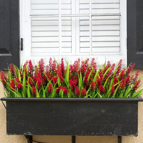 Image of 24 Bundles Artificial Flowers for Outdoors Fake Lavender, Red | UV resistant, plastic faux lavender with monkey grass, outside planter window box garden patio front porch home decor