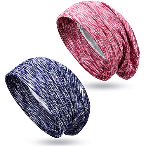2 Pieces Satin Lined Sleep Caps Hair Cover Bonnets Adjustable Silk Lined Slouchy Beanies Sleeping Caps for Night Sleeping (25 cm, Wine Red, Navy Blue)