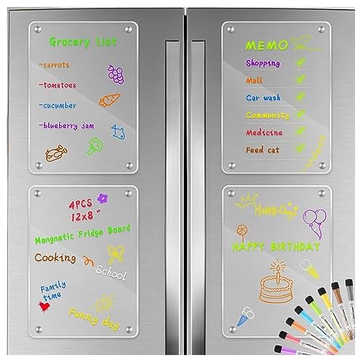 4 Pcs Clear Acrylic Dry Erase Board for Fridge Magnetic Note Board Clear Calendar Board Blank Planner Board Includes 8 Colors Dry Erase Markers (8 x 12 Inch)