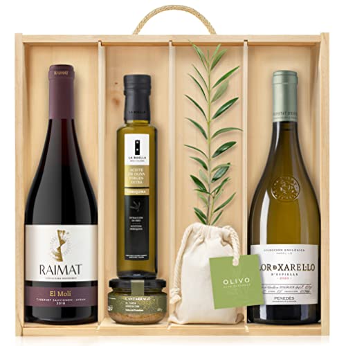 Lote Gourmet Regalo Elegant con árbol olivo natural para plantar, aceite de oliva virgen extra, paté de olivas vino tinto Crianza y vino blanco Xarel.lo en caja de madera Cover