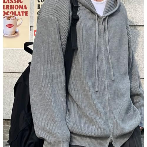 heyheyshine Men Zip Up Hoodie Solid Cardigan Sweater Long Sleeve Cardigan Knitted Drawstring Sweater Loose Casual Coat2